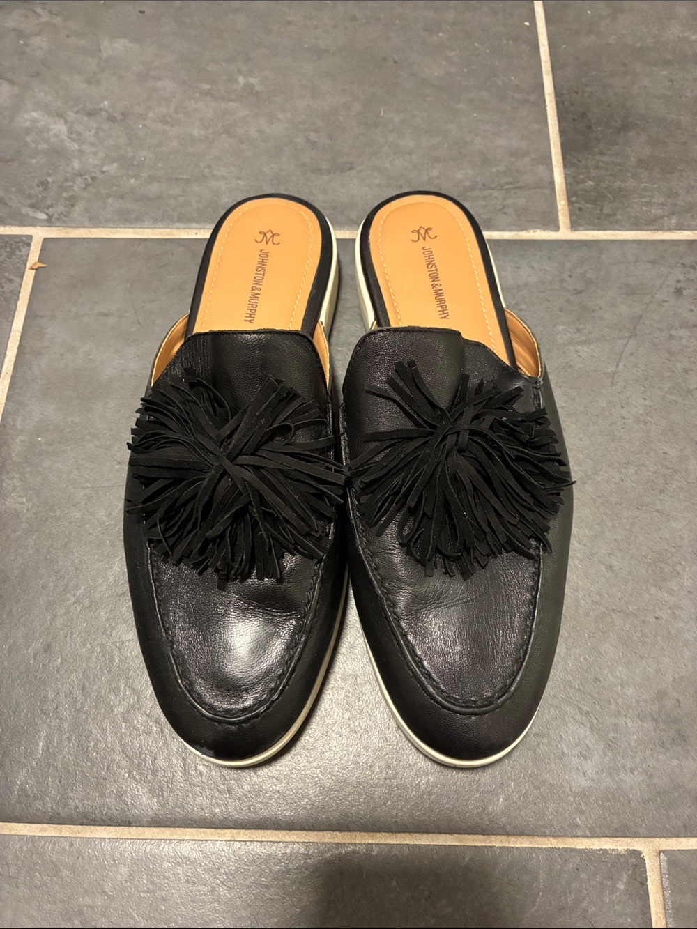 Black Leather Tassel-Top Slip-On Mules